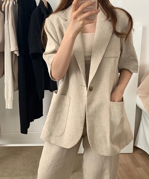 Doula Doula（ドゥーラドゥーラ）の「リネンライク半袖ジャケット＋ワイドパンツ　セットアップ（セットアップ・レディース・ブラック/ベージュ・FREE）」の16枚目の写真