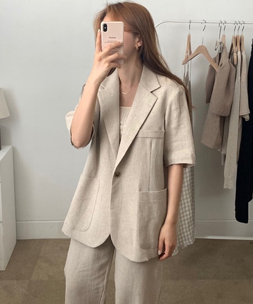 Doula Doula（ドゥーラドゥーラ）の「リネンライク半袖ジャケット＋ワイドパンツ　セットアップ（セットアップ・レディース・ブラック/ベージュ・FREE）」の17枚目の写真