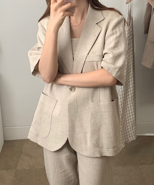 Doula Doula（ドゥーラドゥーラ）の「リネンライク半袖ジャケット＋ワイドパンツ　セットアップ（セットアップ・レディース・ブラック/ベージュ・FREE）」の18枚目の写真