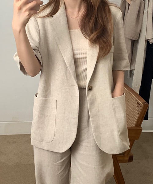 Doula Doula（ドゥーラドゥーラ）の「リネンライク半袖ジャケット＋ワイドパンツ　セットアップ（セットアップ・レディース・ブラック/ベージュ・FREE）」の3枚目の写真