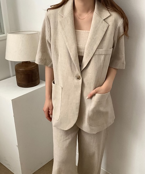 Doula Doula（ドゥーラドゥーラ）の「リネンライク半袖ジャケット＋ワイドパンツ　セットアップ（セットアップ・レディース・ブラック/ベージュ・FREE）」の4枚目の写真