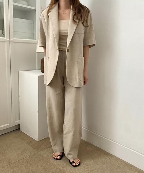 Doula Doula（ドゥーラドゥーラ）の「リネンライク半袖ジャケット＋ワイドパンツ　セットアップ（セットアップ・レディース・ブラック/ベージュ・FREE）」の5枚目の写真