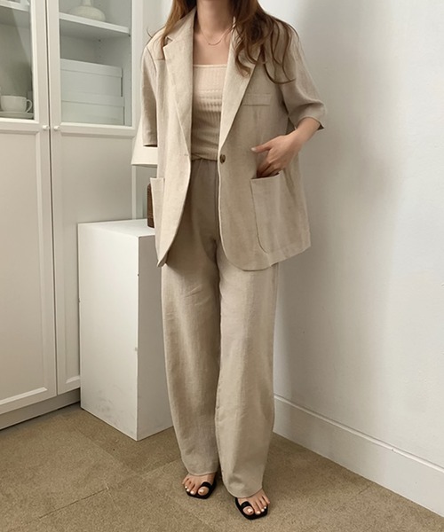 Doula Doula（ドゥーラドゥーラ）の「リネンライク半袖ジャケット＋ワイドパンツ　セットアップ（セットアップ・レディース・ブラック/ベージュ・FREE）」の6枚目の写真