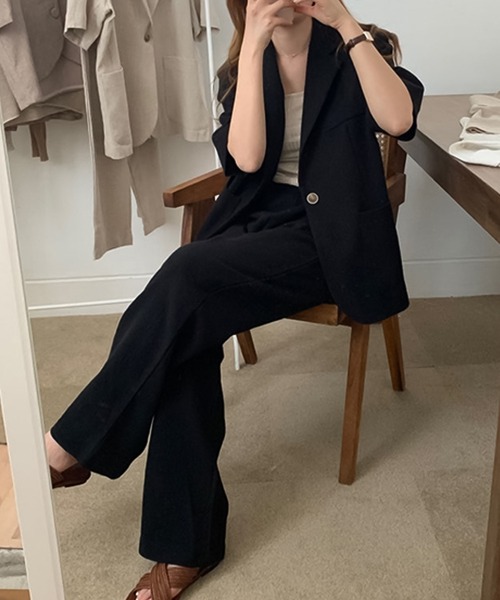 Doula Doula（ドゥーラドゥーラ）の「リネンライク半袖ジャケット＋ワイドパンツ　セットアップ（セットアップ・レディース・ブラック/ベージュ・FREE）」の7枚目の写真