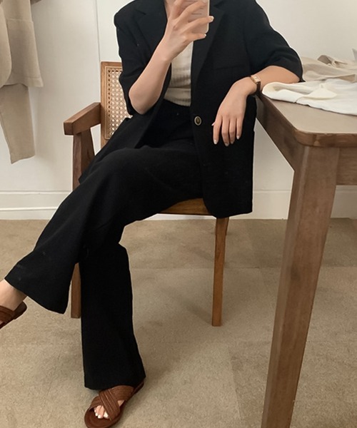 Doula Doula（ドゥーラドゥーラ）の「リネンライク半袖ジャケット＋ワイドパンツ　セットアップ（セットアップ・レディース・ブラック/ベージュ・FREE）」の8枚目の写真