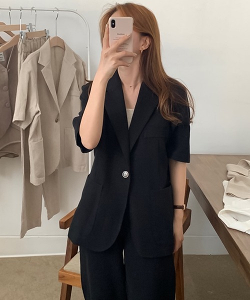 Doula Doula（ドゥーラドゥーラ）の「リネンライク半袖ジャケット＋ワイドパンツ　セットアップ（セットアップ・レディース・ブラック/ベージュ・FREE）」の9枚目の写真