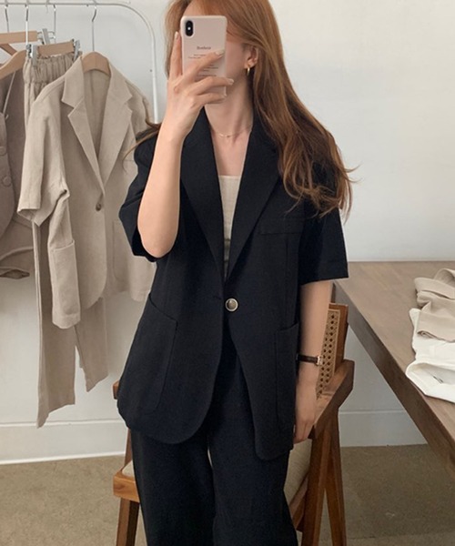 Doula Doula（ドゥーラドゥーラ）の「リネンライク半袖ジャケット＋ワイドパンツ　セットアップ（セットアップ・レディース・ブラック/ベージュ・FREE）」の10枚目の写真