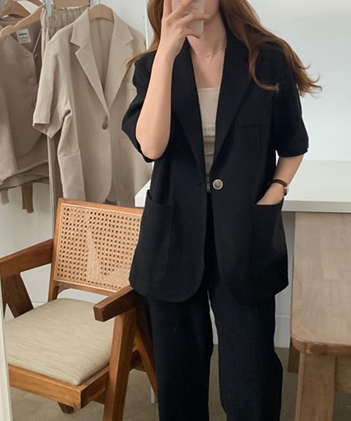 Doula Doula（ドゥーラドゥーラ）の「リネンライク半袖ジャケット＋ワイドパンツ　セットアップ（セットアップ・レディース・ブラック/ベージュ・FREE）」の11枚目の写真