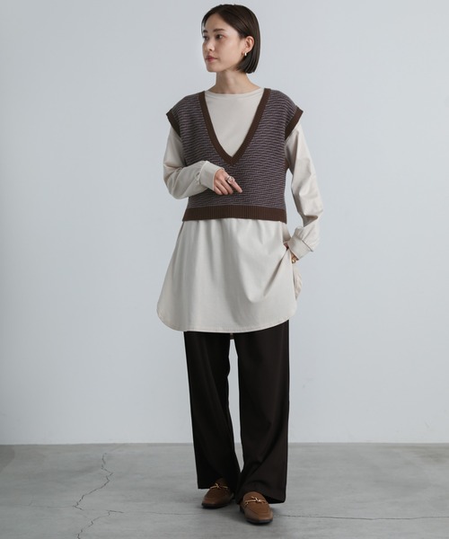 select MOCA（セレクトモカ）の「2021 AW Vネック柄ガーター編みショートベスト（ベスト・レディース・ブラック/ブラウン/カーキ・FREE）」の6枚目の写真