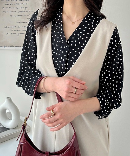 GeeRA(ジーラ)の「タックデザインスキッパーブラウス(七分袖)(シャツ/ブラウス・レディース・ピンクベージュ/オフホワイト/ブラック/ラベンダー/ベージュ/ドット/ストライプ/ミント・MEDIUM/SMALL/LARGE/XX-LARGE/X-LARGE)」の8枚目の写真