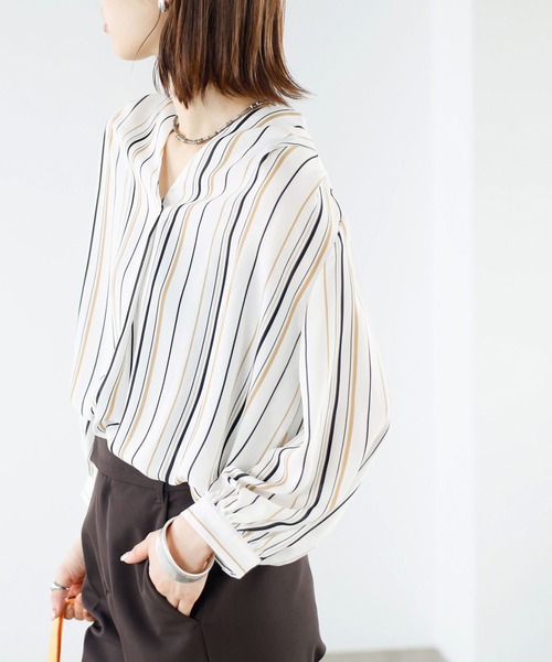 GeeRA(ジーラ)の「タックデザインスキッパーブラウス(七分袖)(シャツ/ブラウス・レディース・ピンクベージュ/オフホワイト/ブラック/ラベンダー/ベージュ/ドット/ストライプ/ミント・MEDIUM/SMALL/LARGE/XX-LARGE/X-LARGE)」の20枚目の写真