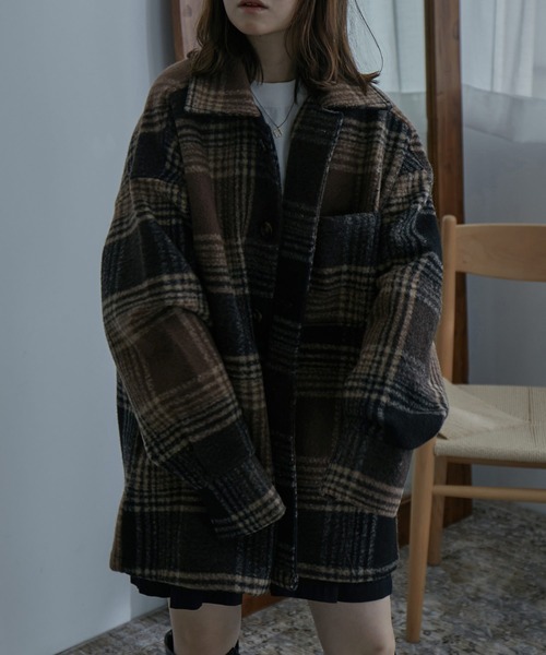 etoll.（エトル）の「フェイクウール チェック柄ジャケット（テーラードジャケット・レディース・ベージュ/ブラウン・M/L）」の2枚目の写真