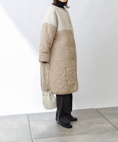 COLONY 2139(コロニートゥーワンスリーナイン)の「ボア×キルトノーカラーロングコート(ノーカラーコート・レディース・ブラック/カーキ/グレイッシュベージュ・FREE)」の12枚目の写真