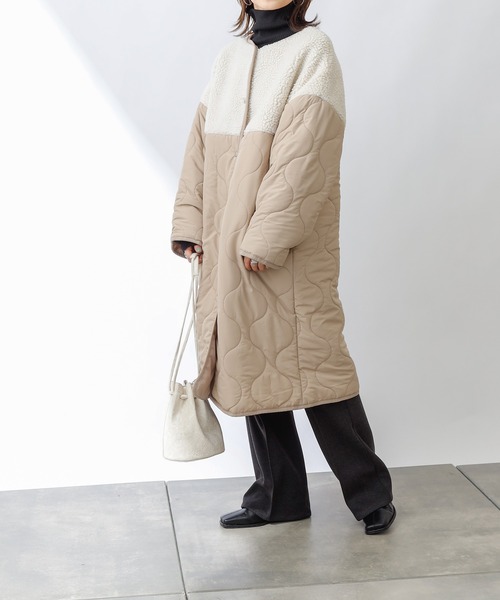 COLONY 2139(コロニートゥーワンスリーナイン)の「ボア×キルトノーカラーロングコート(ノーカラーコート・レディース・ブラック/カーキ/グレイッシュベージュ・FREE)」の13枚目の写真