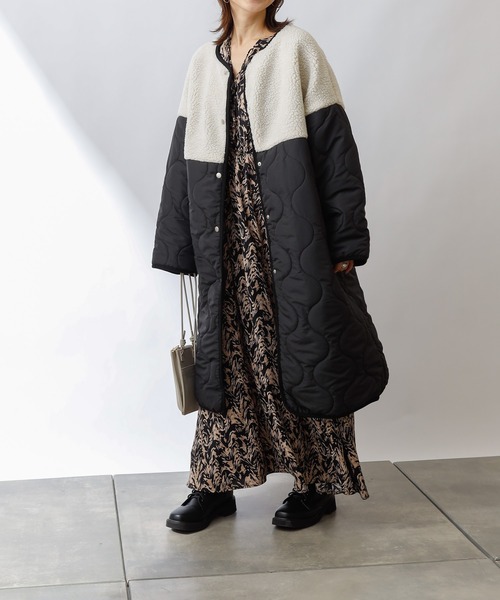 COLONY 2139(コロニートゥーワンスリーナイン)の「ボア×キルトノーカラーロングコート(ノーカラーコート・レディース・ブラック/カーキ/グレイッシュベージュ・FREE)」の4枚目の写真