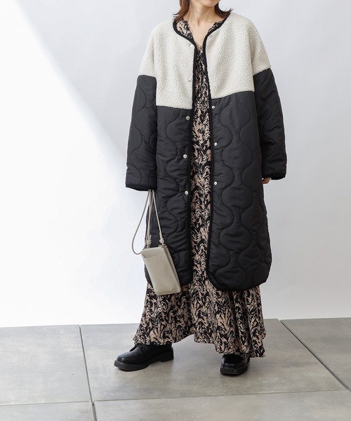 COLONY 2139(コロニートゥーワンスリーナイン)の「ボア×キルトノーカラーロングコート(ノーカラーコート・レディース・ブラック/カーキ/グレイッシュベージュ・FREE)」の8枚目の写真