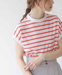 WEB限定．フレンチスリーブモックネックTシャツ(無地/ボーダー)