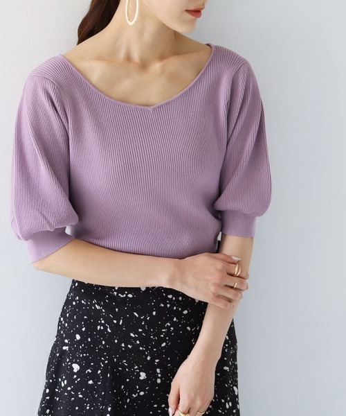 HER CLOSET（ハークローゼット）の「【TWENTY THREE】WEB限定ハートネックパフスリーブリブニットトップス（ニット/セーター・レディース・ブラック/パープル/イエロー/アイボリー・M）」の4枚目の写真