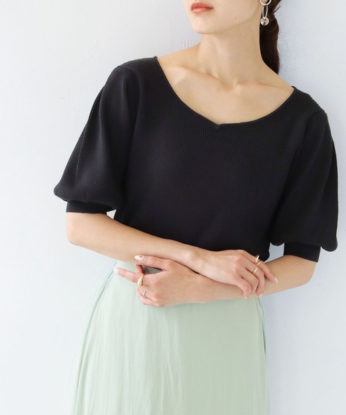 HER CLOSET（ハークローゼット）の「【TWENTY THREE】WEB限定ハートネックパフスリーブリブニットトップス（ニット/セーター・レディース・ブラック/パープル/イエロー/アイボリー・M）」の9枚目の写真