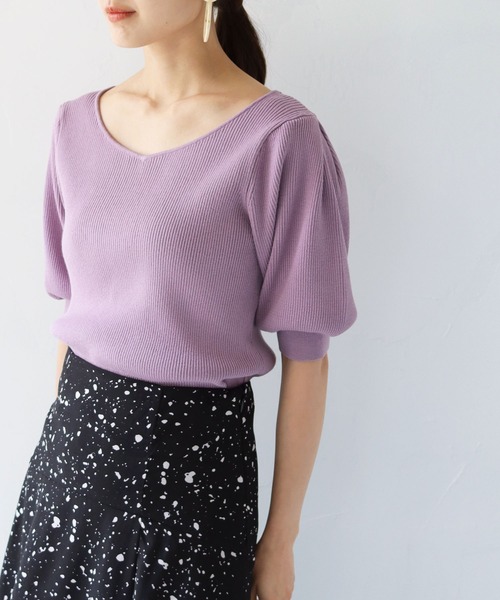 HER CLOSET（ハークローゼット）の「【TWENTY THREE】WEB限定ハートネックパフスリーブリブニットトップス（ニット/セーター・レディース・ブラック/パープル/イエロー/アイボリー・M）」の10枚目の写真