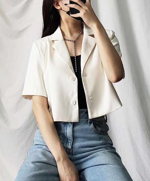 me+em select(ミームセレクト)の「※【 セットアップ対応 】半袖ショートテーラードジャケット(テーラードジャケット・レディース・ブラック/アイボリー・FREE)」の6枚目の写真