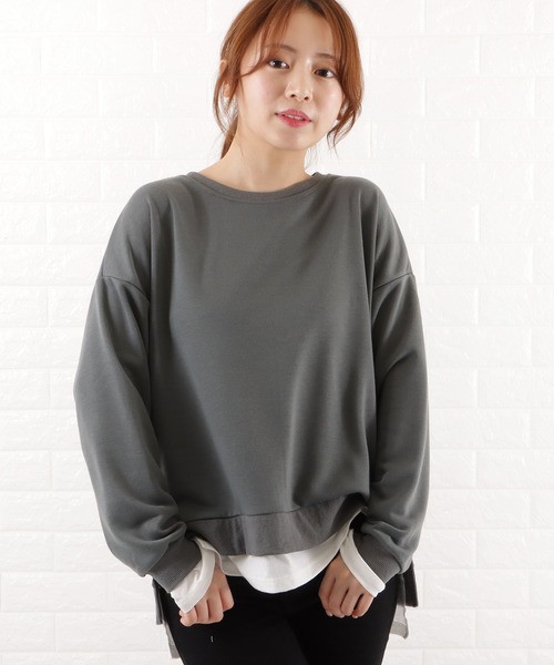 Lace Ladies(レースレディース)の「オーバーサイズフェイクレイヤードプルオーバー(スウェット・レディース・ダークグリーン/ブラック/ブルーグレー/グレイッシュベージュ/ダークグレー・XL/M)」の3枚目の写真