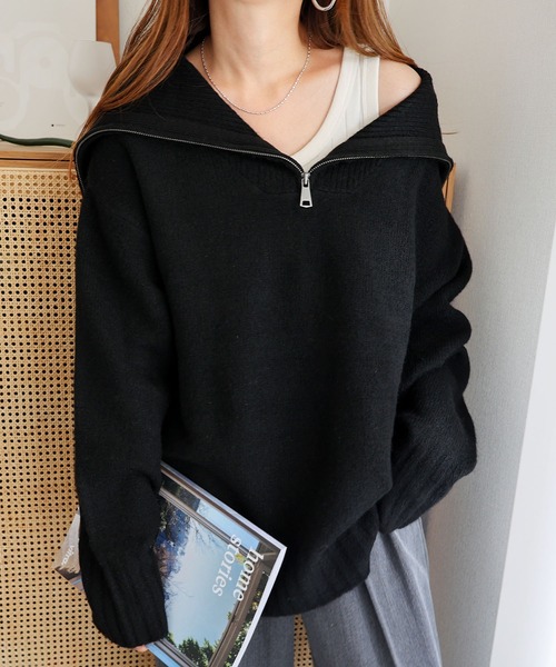 andme（アンドミー）の「セーラーカラー長袖ハーフジップニットトップス（ニット/セーター・レディース・チャコールグレー/オフホワイト/イエロー/ライトピンク/グレイッシュベージュ/ブルー/ブラック/ライム/ライトグレー・M）」の17枚目の写真