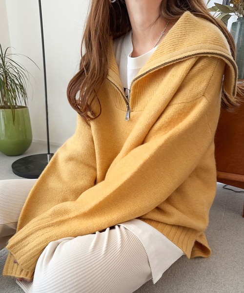 andme（アンドミー）の「セーラーカラー長袖ハーフジップニットトップス（ニット/セーター・レディース・チャコールグレー/オフホワイト/イエロー/ライトピンク/グレイッシュベージュ/ブルー/ブラック/ライム/ライトグレー・M）」の14枚目の写真