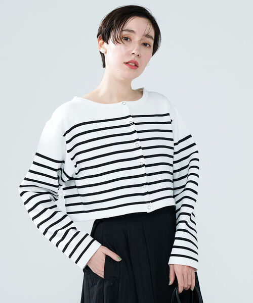 NOLLEY’S(ノーリーズ)の「◇【WEB限定】ボーダーショートカーディガン(カーディガン/ボレロ・レディース・ホワイト系その他4/ブルー系その他7・FREE)」の1枚目の写真