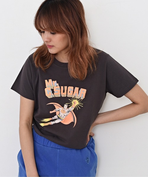 CUBE SUGAR(キューブシュガー)の「OE天竺ヒーロープリントTシャツ(Tシャツ/カットソー・レディース・ホワイト/スミクロ/ピンク・M)」の2枚目の写真