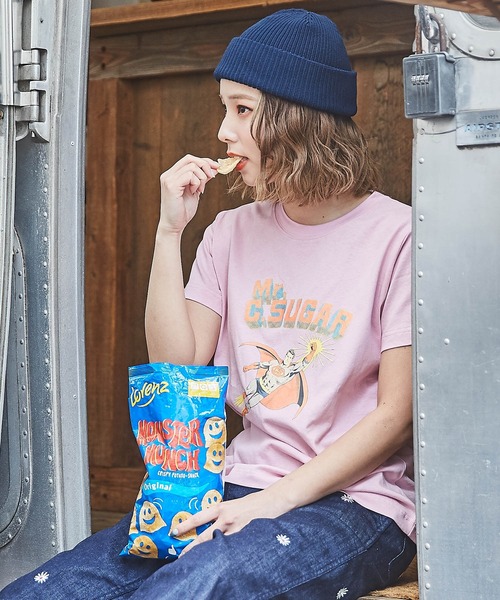 CUBE SUGAR(キューブシュガー)の「OE天竺ヒーロープリントTシャツ(Tシャツ/カットソー・レディース・ホワイト/スミクロ/ピンク・M)」の13枚目の写真