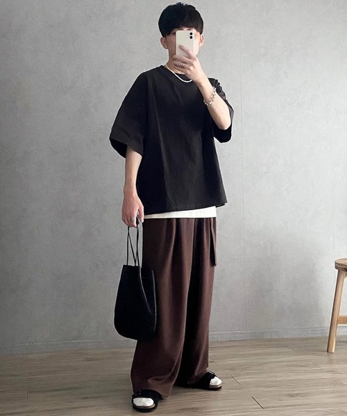 ArgueCultureワイドパンツスラックスベルトカジュアル無地落ち感 ワイドパンツ メンズ リラックス スーツパンツ 無地 ゆったり