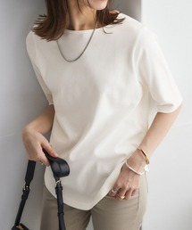 UVカット綿100%フライス素材ボートネック5分袖Tシャツ