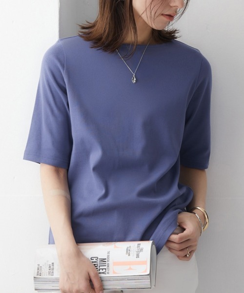 nissen(ニッセン)の「UVカット綿100%フライス素材ボートネック5分袖Tシャツ(Tシャツ/カットソー・レディース・グレイッシュベージュ/ローズ/ブラック/ブルー/グリーン/オフホワイト/カーキ・LL/M/S/L)」の6枚目の写真