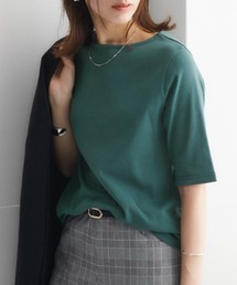 UVカット綿100%フライス素材ボートネック5分袖Tシャツ