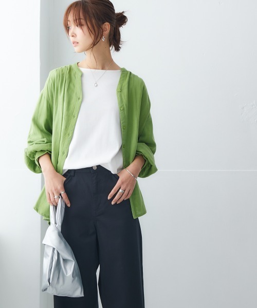 nissen(ニッセン)の「UVカット綿100%フライス素材ボートネック5分袖Tシャツ(Tシャツ/カットソー・レディース・グレイッシュベージュ/ローズ/ブラック/ブルー/グリーン/オフホワイト/カーキ・LL/M/S/L)」の14枚目の写真