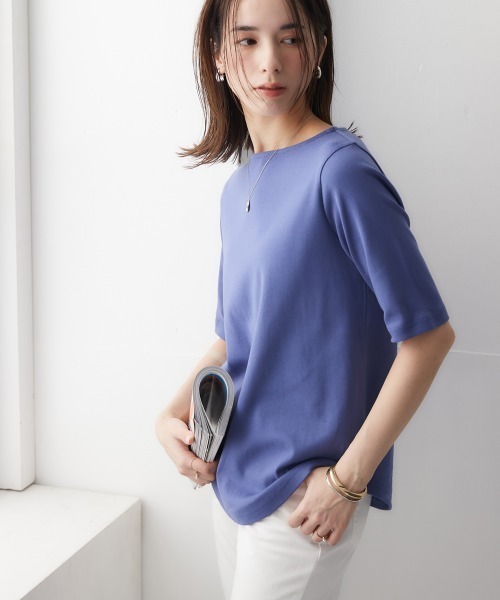 nissen(ニッセン)の「UVカット綿100%フライス素材ボートネック5分袖Tシャツ(Tシャツ/カットソー・レディース・グレイッシュベージュ/ローズ/ブラック/ブルー/グリーン/オフホワイト/カーキ・LL/M/S/L)」の17枚目の写真