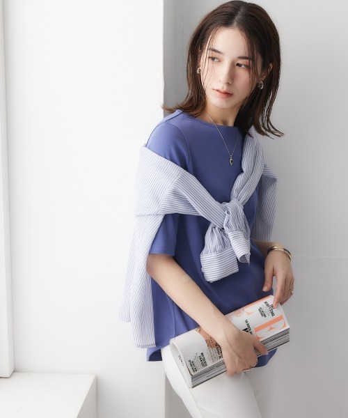 nissen(ニッセン)の「UVカット綿100%フライス素材ボートネック5分袖Tシャツ(Tシャツ/カットソー・レディース・グレイッシュベージュ/ローズ/ブラック/ブルー/グリーン/オフホワイト/カーキ・LL/M/S/L)」の18枚目の写真