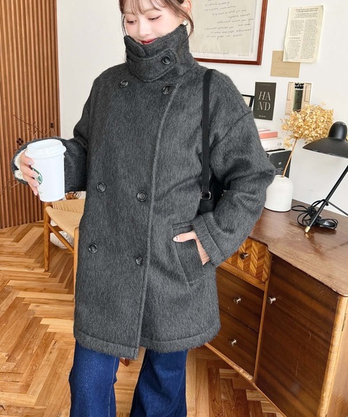 moment+（モーメントプラス）の「2WAYアレンジカラーニットシャギーミドル丈ダブルテーラードジャケット（テーラードジャケット・レディース・チャコールグレー/ベージュ/グレー/アイボリー・M/L）」の7枚目の写真