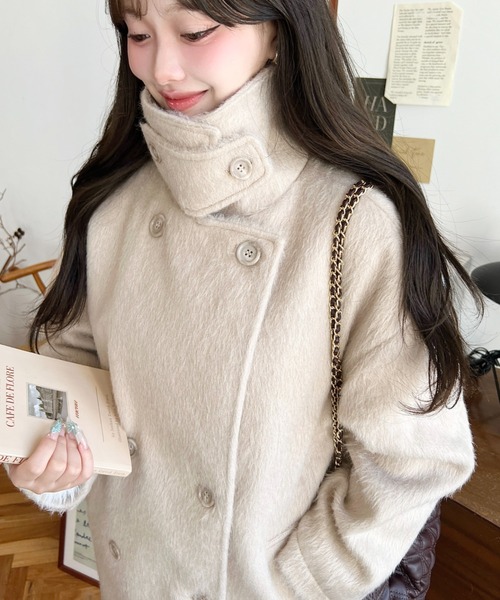 セール】2WAYアレンジカラーミドル丈ニットシャギーPコートジャケット