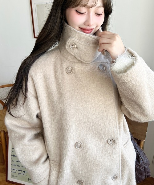 セール】2WAYアレンジカラーニットシャギーミドル丈ダブルテーラード