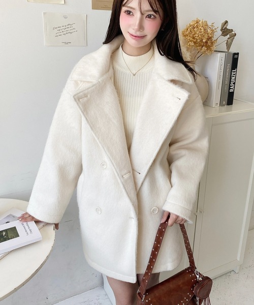 1回のみ美品⭐️トゥモローランド　コレクション　フード付きジャケット オフホワイト セール】2WAYアレンジカラーニットシャギーミドル丈ダブルテーラード