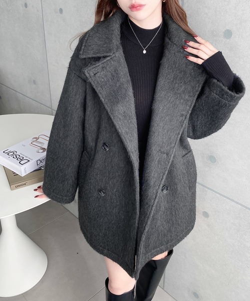 セール】2WAYアレンジカラーニットシャギーミドル丈ダブルテーラード