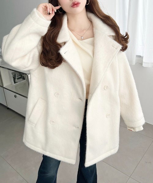 1回のみ美品⭐️トゥモローランド　コレクション　フード付きジャケット オフホワイト セール】2WAYアレンジカラーニットシャギーミドル丈ダブルテーラード