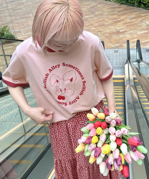 Alley by w closet（アリーバイダブルクローゼット）の「【Alley】うさぎプリントリンガーT（Tシャツ/カットソー・レディース・ベージュ/ピンク/ブルー/スミクロ・FREE）」の4枚目の写真