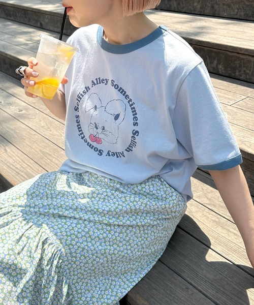 Alley by w closet（アリーバイダブルクローゼット）の「【Alley】うさぎプリントリンガーT（Tシャツ/カットソー・レディース・ベージュ/ピンク/ブルー/スミクロ・FREE）」の3枚目の写真