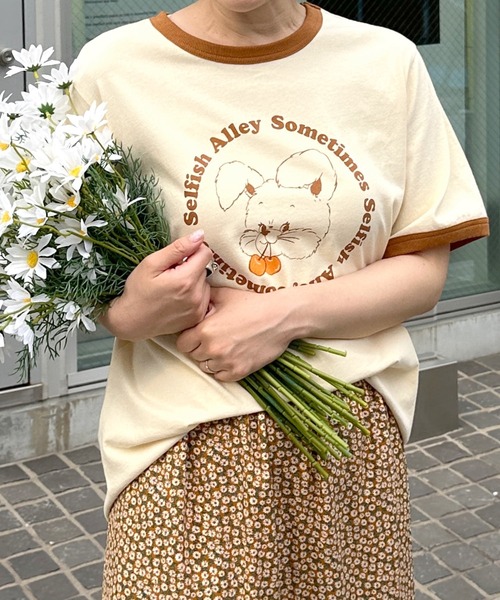Alley by w closet（アリーバイダブルクローゼット）の「【Alley】うさぎプリントリンガーT（Tシャツ/カットソー・レディース・ベージュ/ピンク/ブルー/スミクロ・FREE）」の9枚目の写真