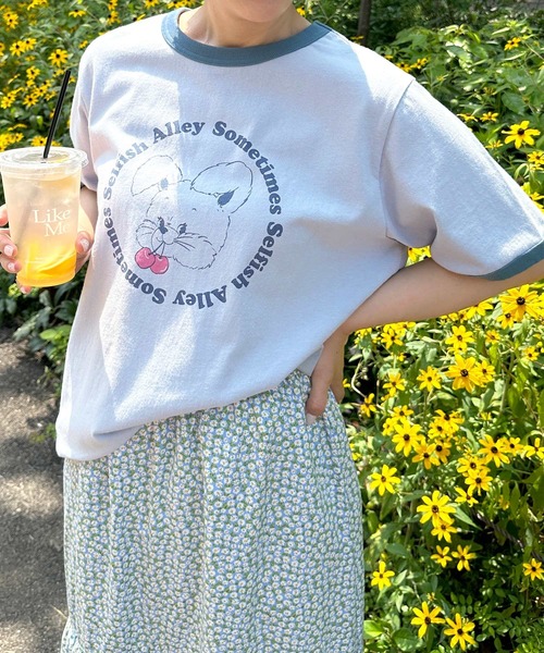 Alley by w closet（アリーバイダブルクローゼット）の「【Alley】うさぎプリントリンガーT（Tシャツ/カットソー・レディース・ベージュ/ピンク/ブルー/スミクロ・FREE）」の14枚目の写真