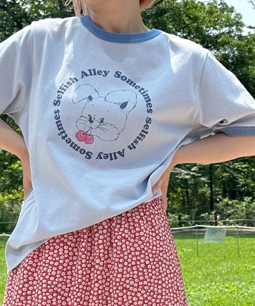 Alley by w closet（アリーバイダブルクローゼット）の「【Alley】うさぎプリントリンガーT（Tシャツ/カットソー・レディース・ベージュ/ピンク/ブルー/スミクロ・FREE）」の10枚目の写真