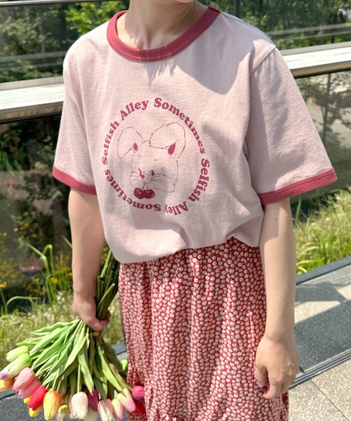 Alley by w closet（アリーバイダブルクローゼット）の「【Alley】うさぎプリントリンガーT（Tシャツ/カットソー・レディース・ベージュ/ピンク/ブルー/スミクロ・FREE）」の16枚目の写真